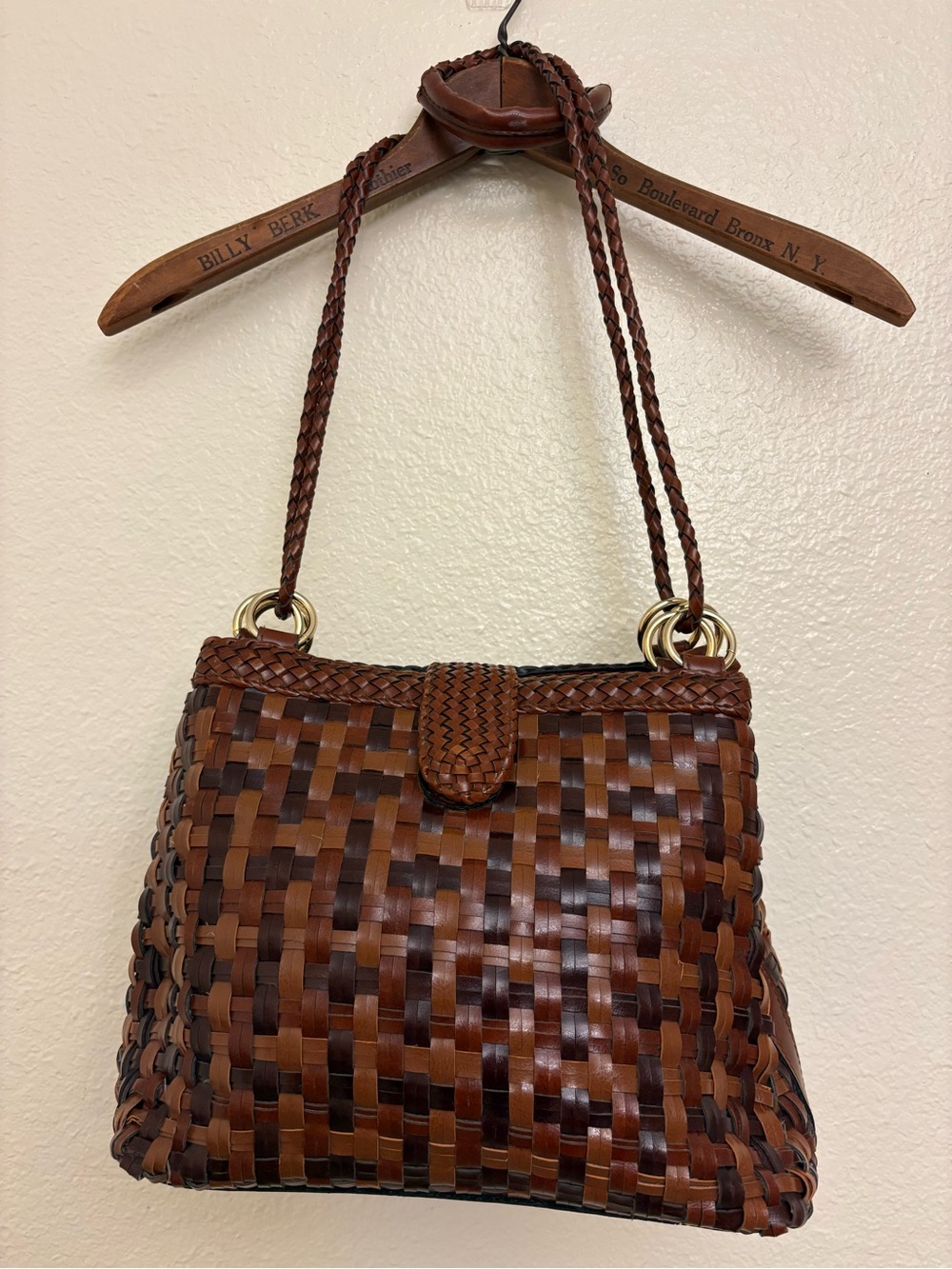 Woven Leather Shoulder Bag in Dark Brown